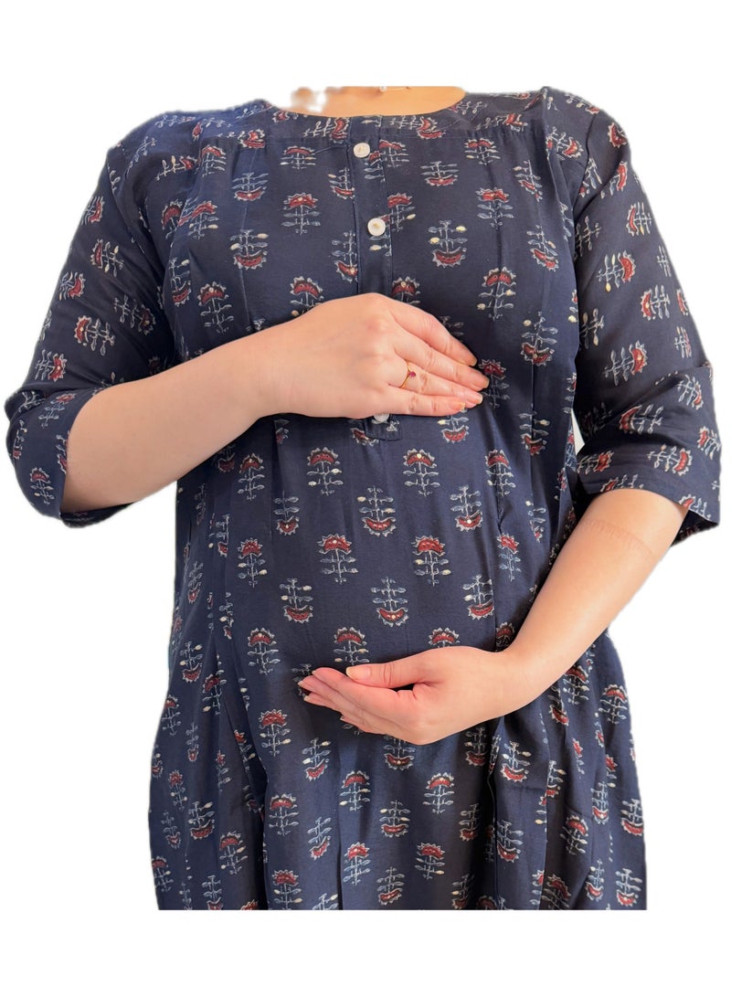 Maternity, Feeding Floral Print Dress, Round Neck, 3/4 Sleeves, Navy Blue, Cotton, Comfortable & Stylish - Image 3