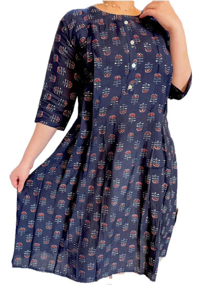 Maternity, Feeding Floral Print Dress, Round Neck, 3/4 Sleeves, Navy Blue, Cotton, Comfortable & Stylish - Image 1