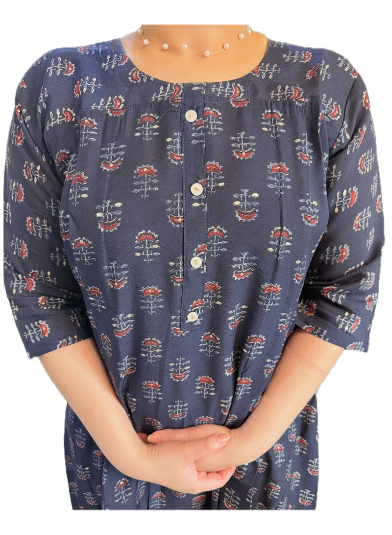 Maternity, Feeding Floral Print Dress, Round Neck, 3/4 Sleeves, Navy Blue, Cotton, Comfortable & Stylish - Image 2