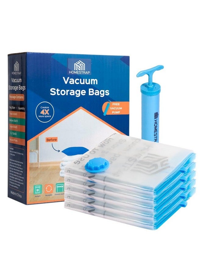 HomeStrap HomeStrap Vacuum Storage Bags with Pump Pack of 5 (Large)| Airtight and Reusable Space Saver Double Ziplock Compression Bags with Vacuum Pump|Creates 4x More Space for Clothes, Winterwear, Blankets - Image 1