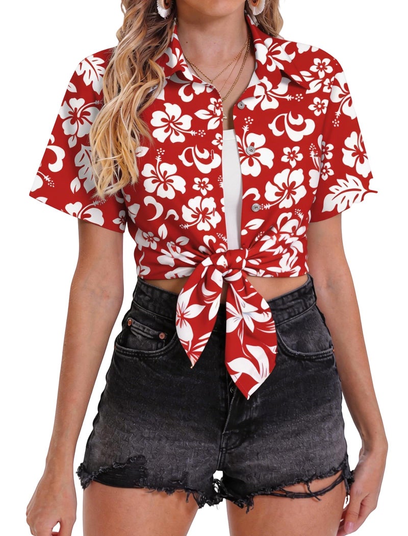 Mizvsitrd Hawaiian Shirts for Women, Summer Tropical Shirts Womens Floral Tops Beach Button Up Shirts for Women Luau Outfits Hawaii Short Sleeve Blouses for Ladies, Aloha Shirt for Party, Flower Red, Medium - Image 5