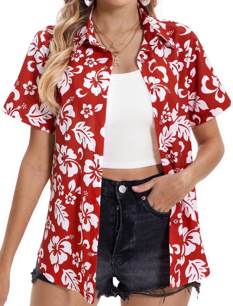 Mizvsitrd Hawaiian Shirts for Women, Summer Tropical Shirts Womens Floral Tops Beach Button Up Shirts for Women Luau Outfits Hawaii Short Sleeve Blouses for Ladies, Aloha Shirt for Party, Flower Red, Medium - Image 2