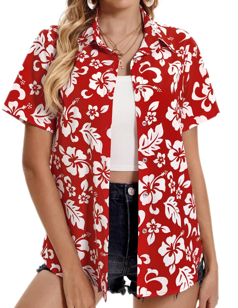 Mizvsitrd Hawaiian Shirts for Women, Summer Tropical Shirts Womens Floral Tops Beach Button Up Shirts for Women Luau Outfits Hawaii Short Sleeve Blouses for Ladies, Aloha Shirt for Party, Flower Red, Medium - Image 1