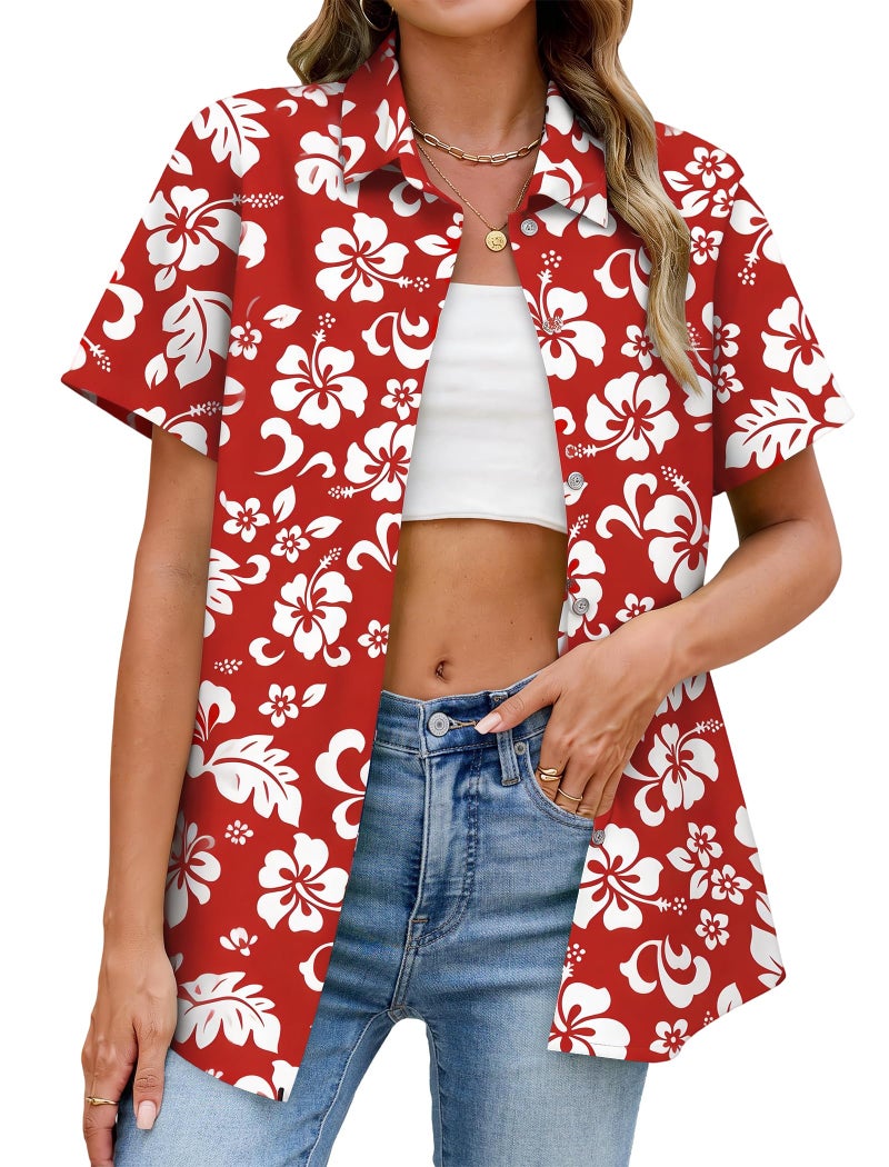 Mizvsitrd Hawaiian Shirts for Women, Summer Tropical Shirts Womens Floral Tops Beach Button Up Shirts for Women Luau Outfits Hawaii Short Sleeve Blouses for Ladies, Aloha Shirt for Party, Flower Red, Medium - Image 4