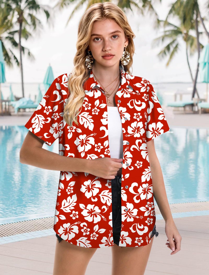 Mizvsitrd Hawaiian Shirts for Women, Summer Tropical Shirts Womens Floral Tops Beach Button Up Shirts for Women Luau Outfits Hawaii Short Sleeve Blouses for Ladies, Aloha Shirt for Party, Flower Red, Medium - Image 3