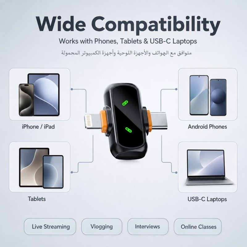  قورق الصحراء ميكروفون لاسلكي لـ iPhone، طقم ميكروفونين لافالير مع علبة شحن، مستقبل USB-C ومحول Lightning، ميكروفون ياقة للتوصيل والتشغيل لـ Android/iPad - Image 4