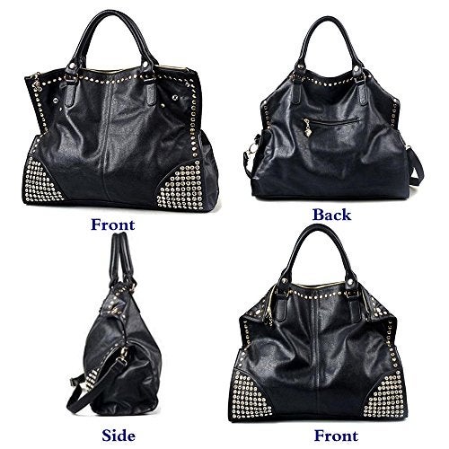 FiveloveTwo Women LadiesPunk Handbag Purse Middle Size Top Handle Shoulder Crossbody Bag Gold Rivet Satchel Tote Black - Image 2