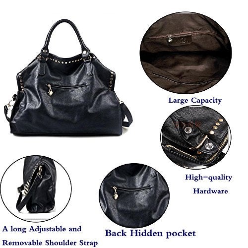 FiveloveTwo Women LadiesPunk Handbag Purse Middle Size Top Handle Shoulder Crossbody Bag Gold Rivet Satchel Tote Black - Image 5
