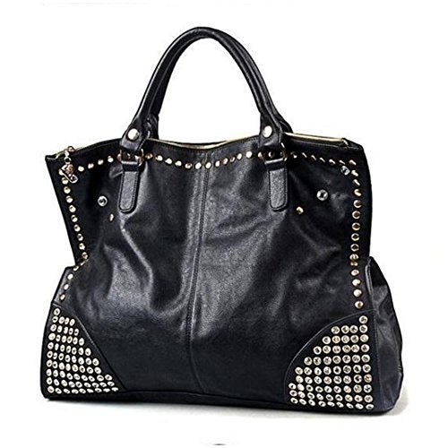 FiveloveTwo Women LadiesPunk Handbag Purse Middle Size Top Handle Shoulder Crossbody Bag Gold Rivet Satchel Tote Black - Image 3
