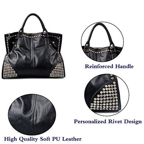 FiveloveTwo Women LadiesPunk Handbag Purse Middle Size Top Handle Shoulder Crossbody Bag Gold Rivet Satchel Tote Black - Image 4
