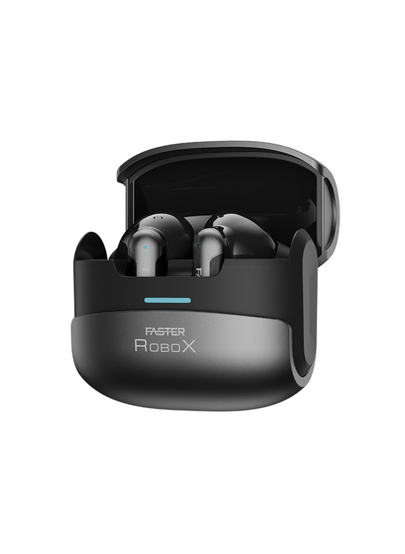 فاستر سماعات أذن لاسلكية RoboX - تعمل بتقنية بلوتوث 5.3، مزودة بأربعة ميكروفونات، شحن سريع عبر منفذ Type-C، محركات صوت ديناميكية بحجم 10 مم، تقنية إلغاء الضوضاء البيئية (ENC) وإلغاء الضوضاء النشط (ANC)، وقت تشغيل يصل إلى 6 ساعات - مثالية للتمارين الرياضية، السفر، الألعاب والاستخدام اليومي، متوافقة مع أجهزة أندرويد وiOS (باللون الأسود).  - Image 1