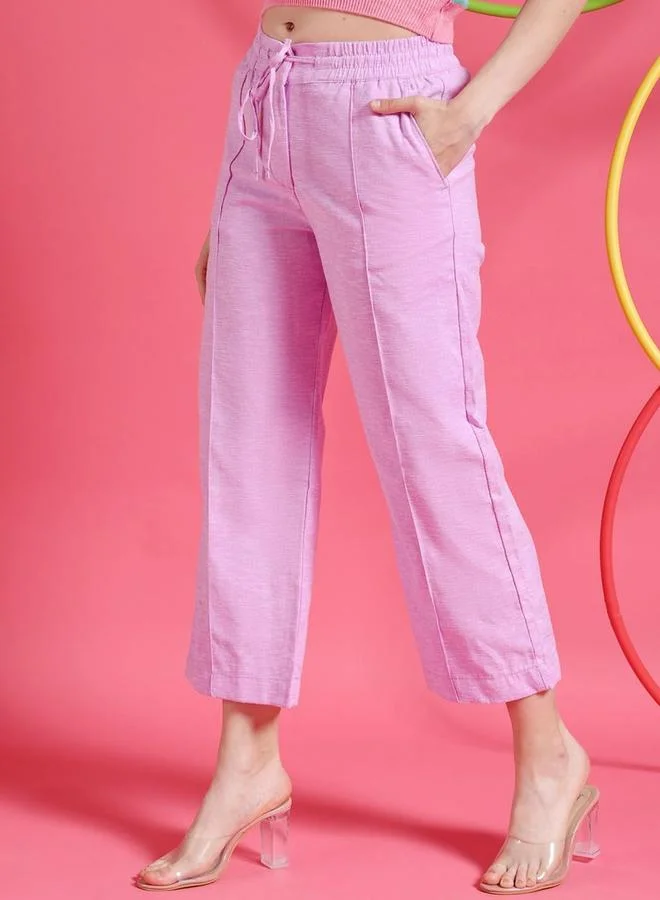 فري هاند Purple Straight Fit Solid Mid-Rise Elasticated Trousers