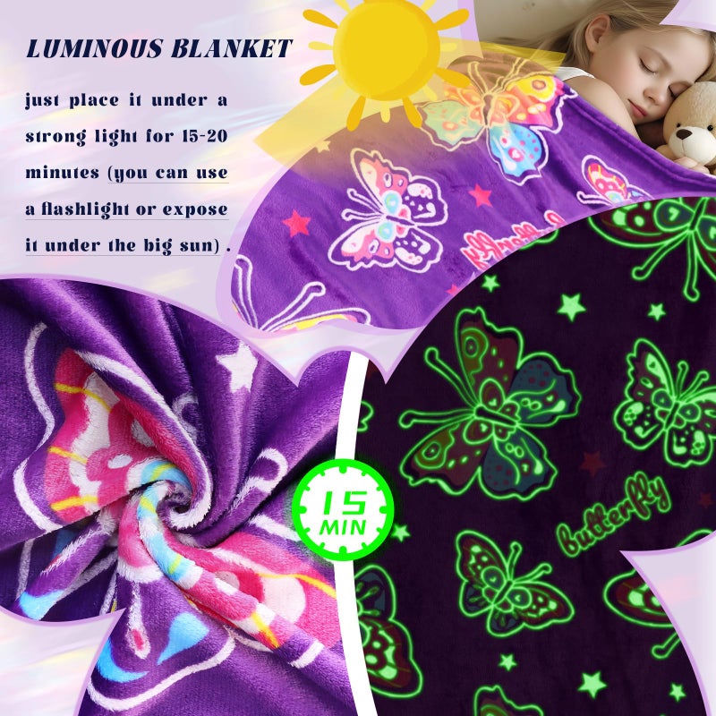 JAPDNK Glow in The Dark Blanket Butterfly Gifts for Girls Kids Soft Cozy Fleece Throw Blanket Birthday Easter Christmas Mothers Day Child Gifts Decor Stuff - Image 4