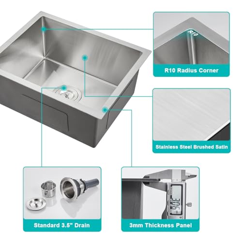 TSIBOMU 24 inch Undermount Kitchen Sink, 24 x 18 inch Single Bowl Stainless Steel Handmade Undermount Kitchen Sink with Sink Strainer, Brushed - Image 4