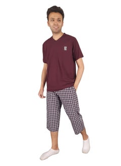 Summer Pajama Set Solid Top V Neck& Checks Bermuda-Burgundy