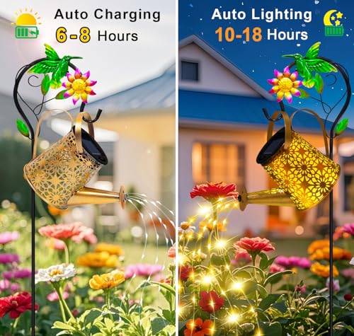 ostritec Solar Metal Watering Can with Hummingbird Shepherd Hook and Cascading Lights Outdoor Solar Lantern for Garden Yard Patio Decor and Gardening Gifts for Women Mothers Day - Image 3