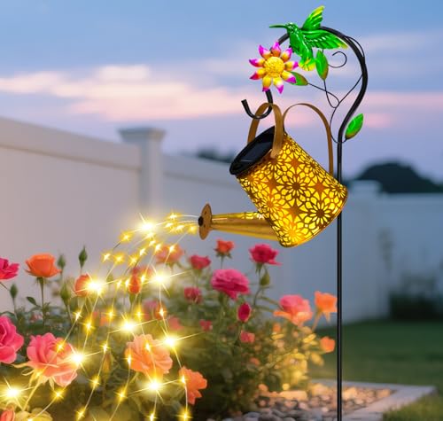 ostritec Solar Metal Watering Can with Hummingbird Shepherd Hook and Cascading Lights Outdoor Solar Lantern for Garden Yard Patio Decor and Gardening Gifts for Women Mothers Day - Image 1