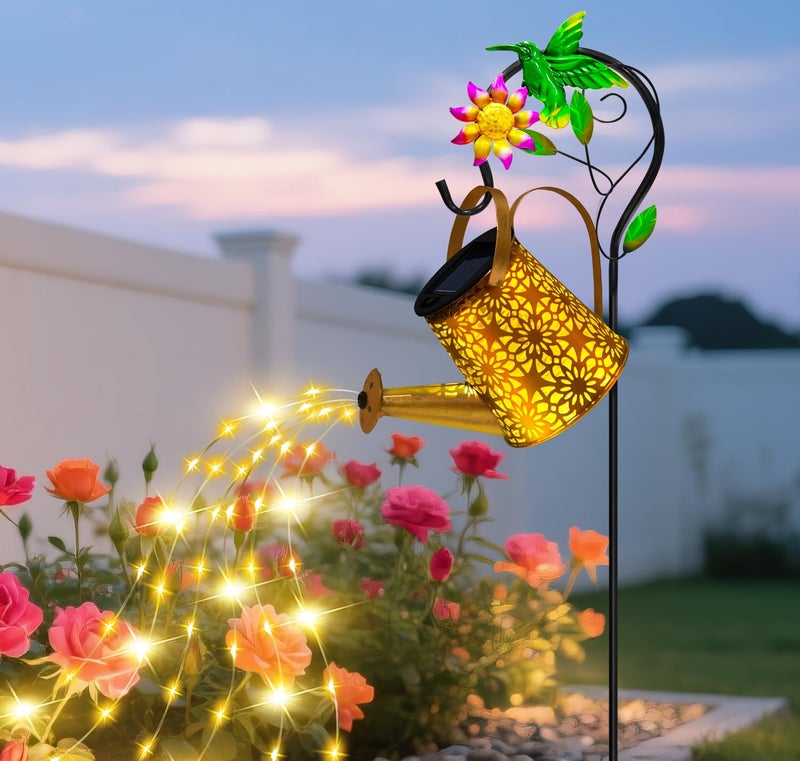 ostritec Solar Metal Watering Can with Hummingbird Shepherd Hook and Cascading Lights Outdoor Solar Lantern for Garden Yard Patio Decor and Gardening Gifts for Women Mothers Day - Image 2