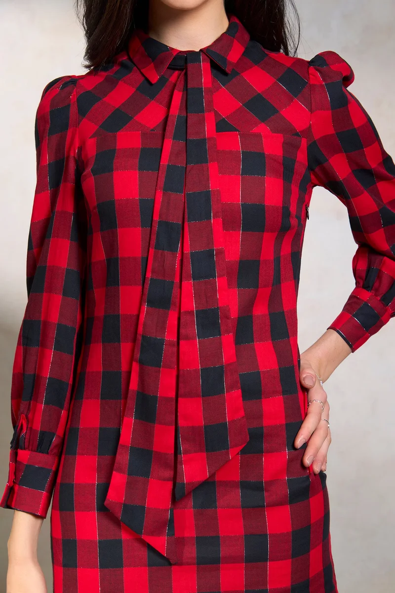Virgio Plaid Tie-Neck Dress