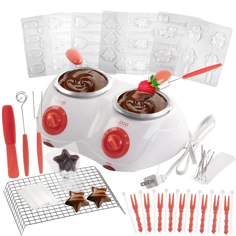 Good Cooking Dual Electric Chocolate Melting Gift Pot Set Candy Making or Fondue Fountain Kit w 30 Free Accessories  7 Fun Mold Trays  Dipping Forks Appetizers  Desserts Fathers Day Gift