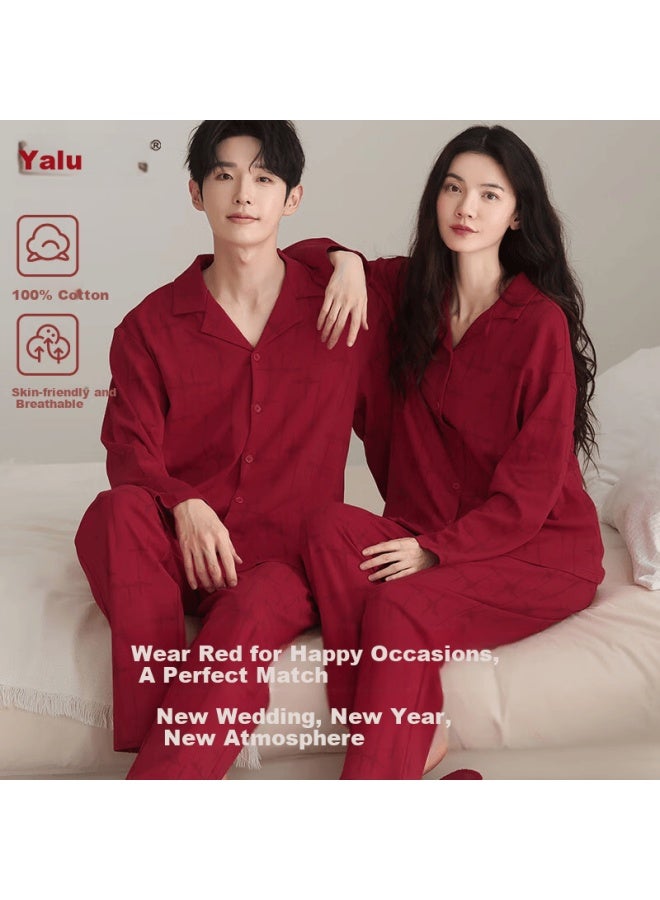 Yalu Men's And Women's Couple's Long Sleeve Cardigan Pajama Set 100% Cotton Bright Red For Chinese Zodiac Year Wedding Festive Homewear