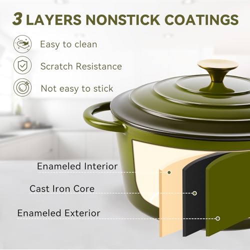 Miereirl 6 Quart Enameled Dutch Oven Pot with Lid, Cast Iron Dutch Oven with Dual Handles for Bread Baking, Cooking, Non-stick Enamel Coated Cookware, Golden Green - Image 5