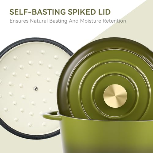 Miereirl 6 Quart Enameled Dutch Oven Pot with Lid, Cast Iron Dutch Oven with Dual Handles for Bread Baking, Cooking, Non-stick Enamel Coated Cookware, Golden Green - Image 4