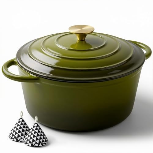 Miereirl 6 Quart Enameled Dutch Oven Pot with Lid, Cast Iron Dutch Oven with Dual Handles for Bread Baking, Cooking, Non-stick Enamel Coated Cookware, Golden Green - Image 1