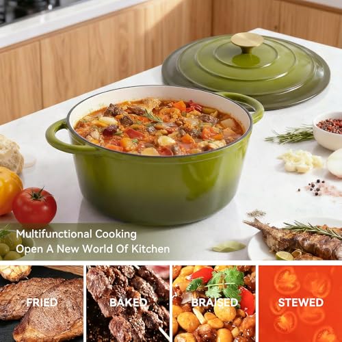 Miereirl 6 Quart Enameled Dutch Oven Pot with Lid, Cast Iron Dutch Oven with Dual Handles for Bread Baking, Cooking, Non-stick Enamel Coated Cookware, Golden Green - Image 3