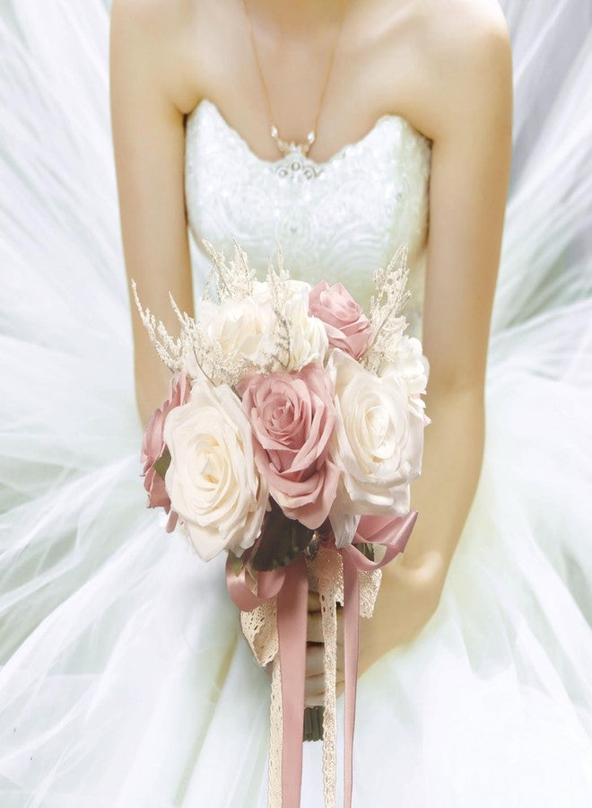 LEIFENY Wedding Bouquets for Bride, Champagne White & Pink Bridal Bridesmaid Wedding Flowers, Artificial Toss Rose for Civil Ceremony (Hollow Lace Ribbon Handle) - Image 3