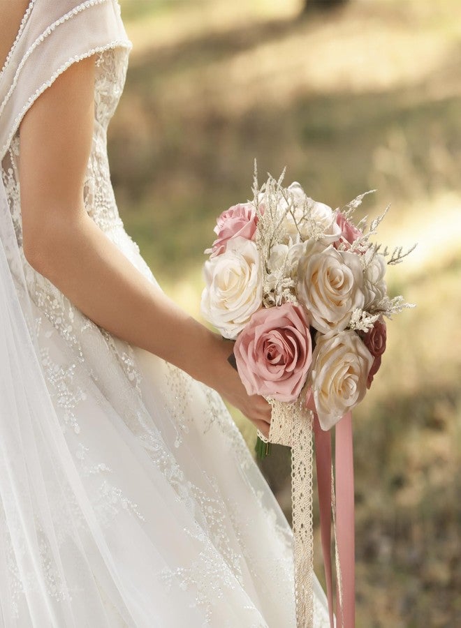 LEIFENY Wedding Bouquets for Bride, Champagne White & Pink Bridal Bridesmaid Wedding Flowers, Artificial Toss Rose for Civil Ceremony (Hollow Lace Ribbon Handle) - Image 4