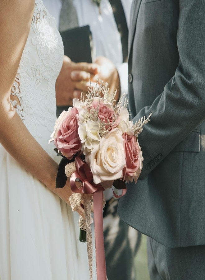 LEIFENY Wedding Bouquets for Bride, Champagne White & Pink Bridal Bridesmaid Wedding Flowers, Artificial Toss Rose for Civil Ceremony (Hollow Lace Ribbon Handle) - Image 5