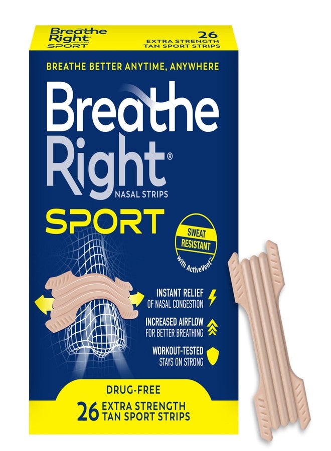 Breathe Right Sport Nasal Strips, Sweat-Resistant w/ActiveVent, Tan, 26 ct - Image 1