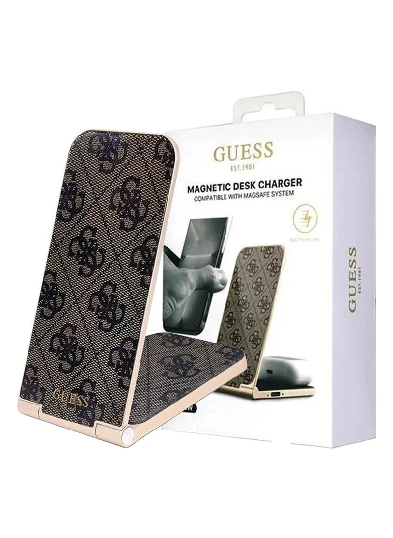 GUESS 15W Magnetic Foldable Desk Wireless Charger with Pattern - Brown