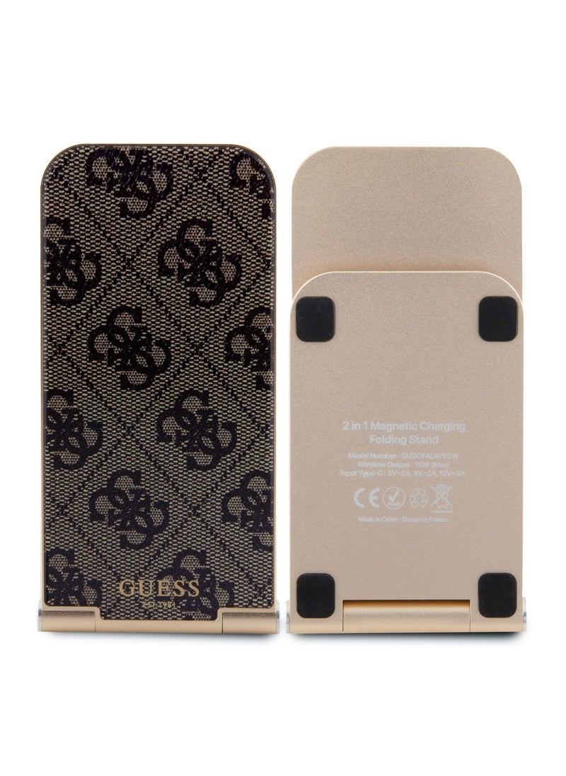 GUESS - 15W Magnetic Foldable Desk Wireless Charger with Pattern - Brown - Image 1