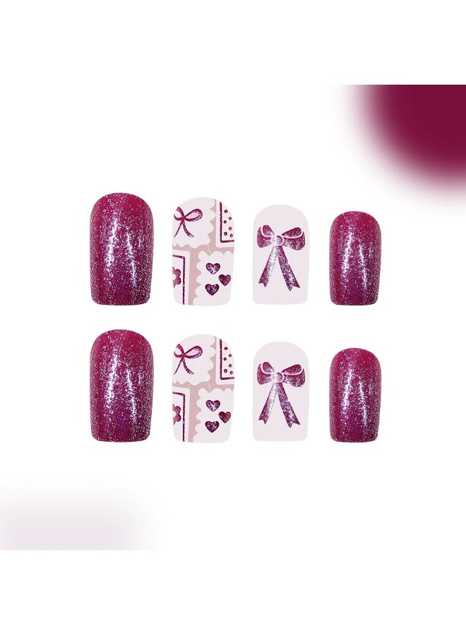 Goolsky Medium Square Press-on Nails with Bow Heart & Fine Glitter for Cute Gentleness - Image 1