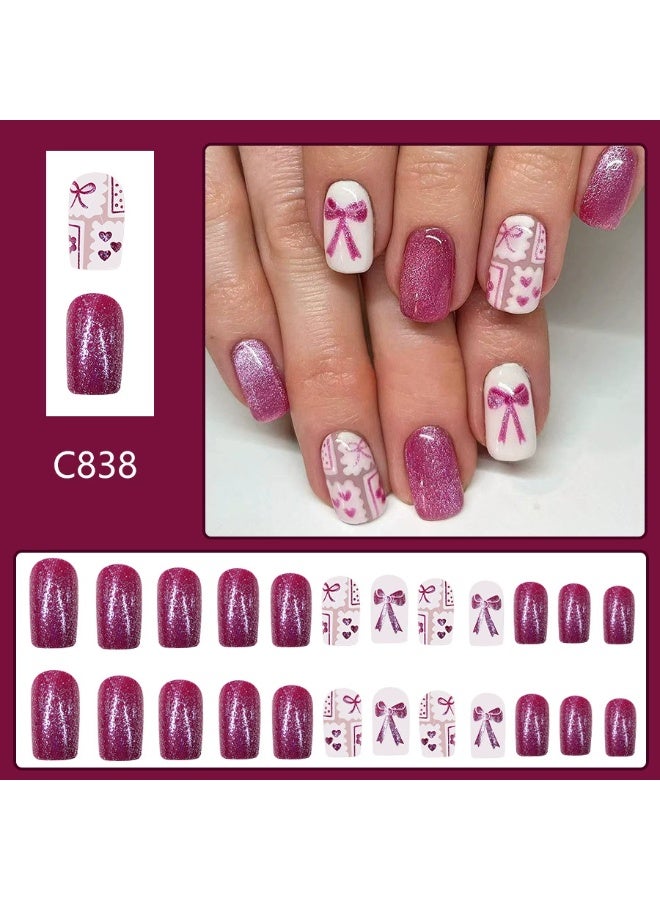 Goolsky Medium Square Press-on Nails with Bow Heart & Fine Glitter for Cute Gentleness - Image 3