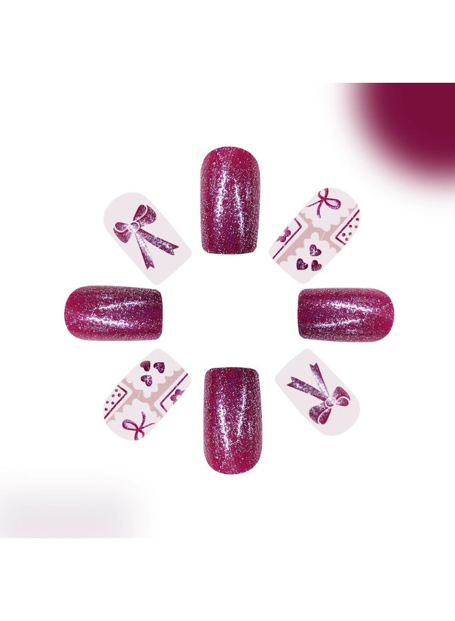 Goolsky Medium Square Press-on Nails with Bow Heart & Fine Glitter for Cute Gentleness - Image 4