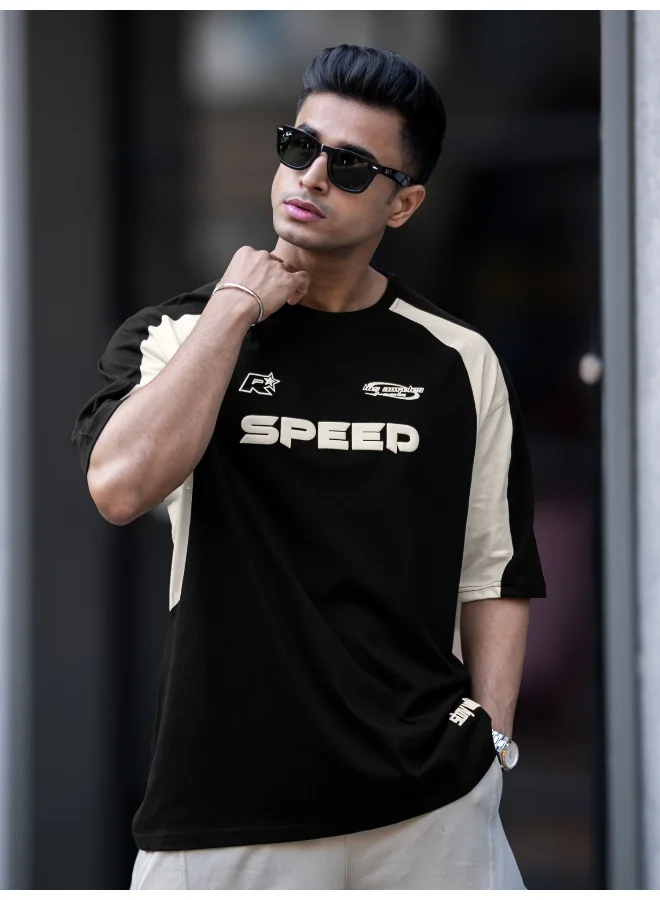 مانياك تيشيرت قطن رجالي مانياك بطبعة، رقبة مستديرة، أكمام راجلان نصف كم، أسود وكريمي