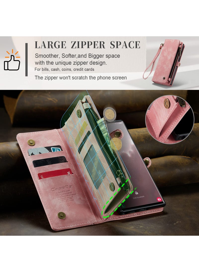 CaseMe For Samsung Galaxy S23 Ultra Wallet Case, Zipper Purse Folio Leather Wallet with Card Holder Wrist Strap, 2-in-1 Detachable Magnetic Shockproof Full Body Protective Back Cover (Pink)  - Image 4