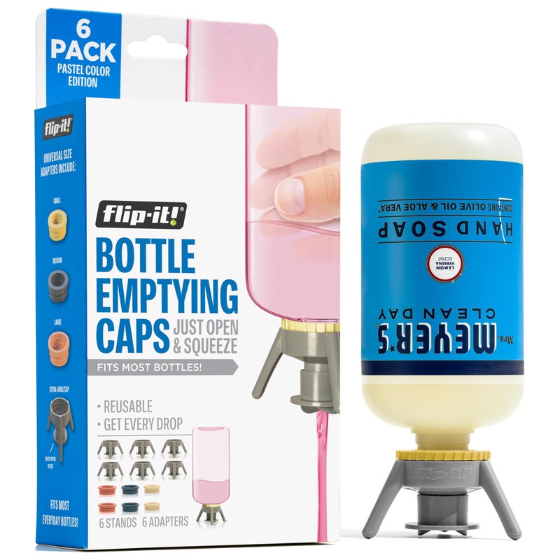 FlipIt Bottle Emptying Kit  6 Bottle Pack  No more wasted product  Fits most plastic bottles  6 Base Caps 6 Adapters  Pastel Color Edition