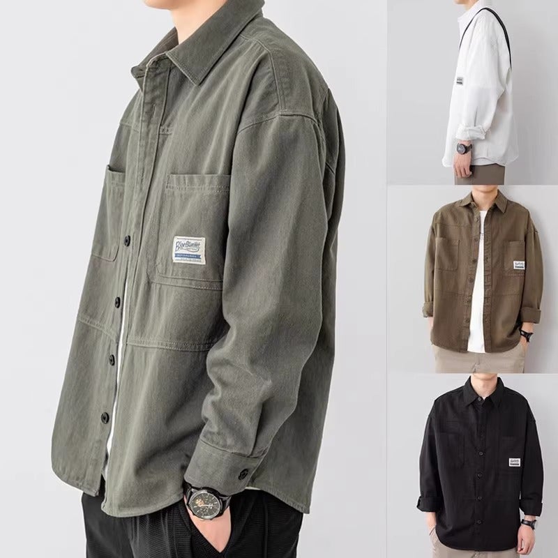 Clearance leak-picking summer workwear shirt mens long-sleeved retro style design sense Ruan handsome loose shirt cotton and linen coat fashion Gray Green - Image 3