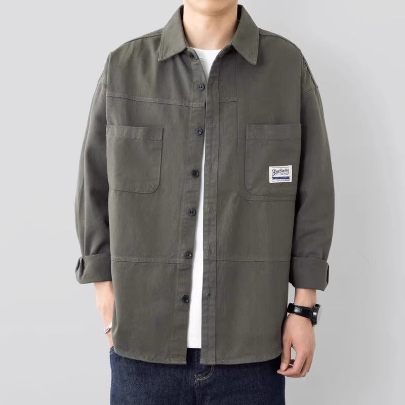 Clearance leak-picking summer workwear shirt mens long-sleeved retro style design sense Ruan handsome loose shirt cotton and linen coat fashion Gray Green - Image 1