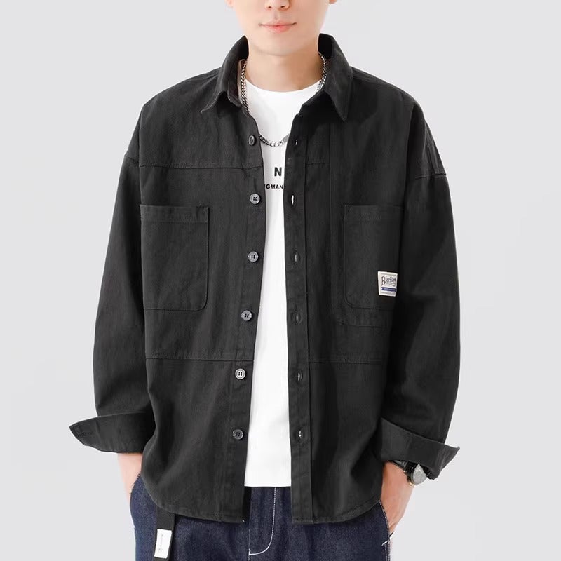 Clearance leak-picking summer workwear shirt mens long-sleeved retro style design sense Ruan handsome loose shirt cotton and linen coat fashion Gray Green - Image 2