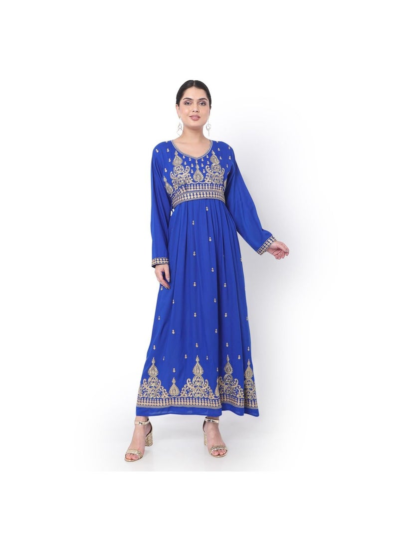 HANA & SARA LONG EMBROIDERED VISCOSE SOLID BLUE COLOUR ARABIC JALABIYA DRESS  - Image 1