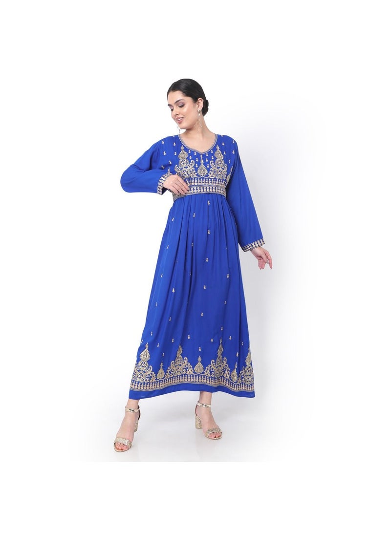 HANA & SARA LONG EMBROIDERED VISCOSE SOLID BLUE COLOUR ARABIC JALABIYA DRESS  - Image 4