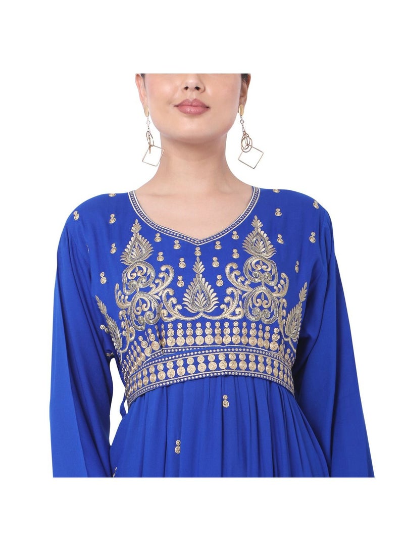 HANA & SARA LONG EMBROIDERED VISCOSE SOLID BLUE COLOUR ARABIC JALABIYA DRESS  - Image 3