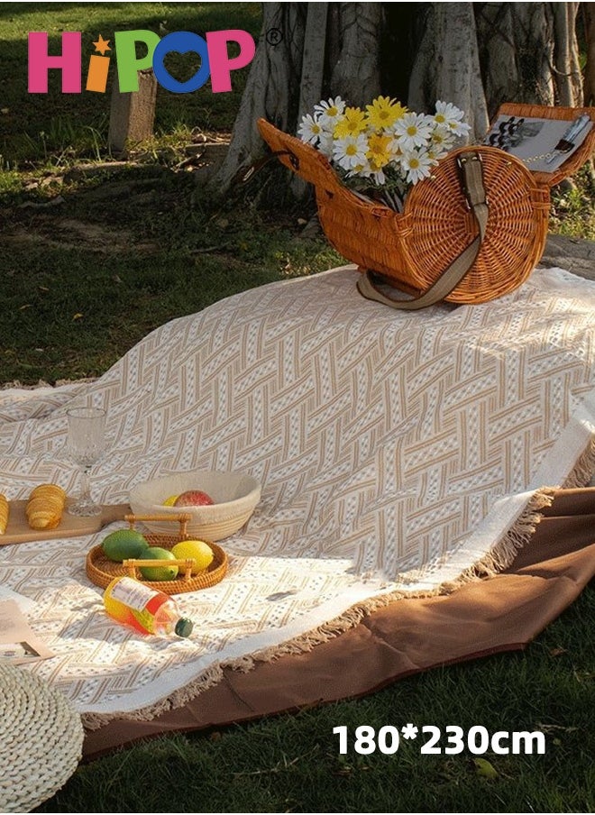 HIPOP 180x230cm Camping Blanket, Cotton Picnic Blanket, Beach Blanket, Portable Picnic Mat with Tassels for Camping, Outdoor, Garden, Park, and Home Use  - Image 1
