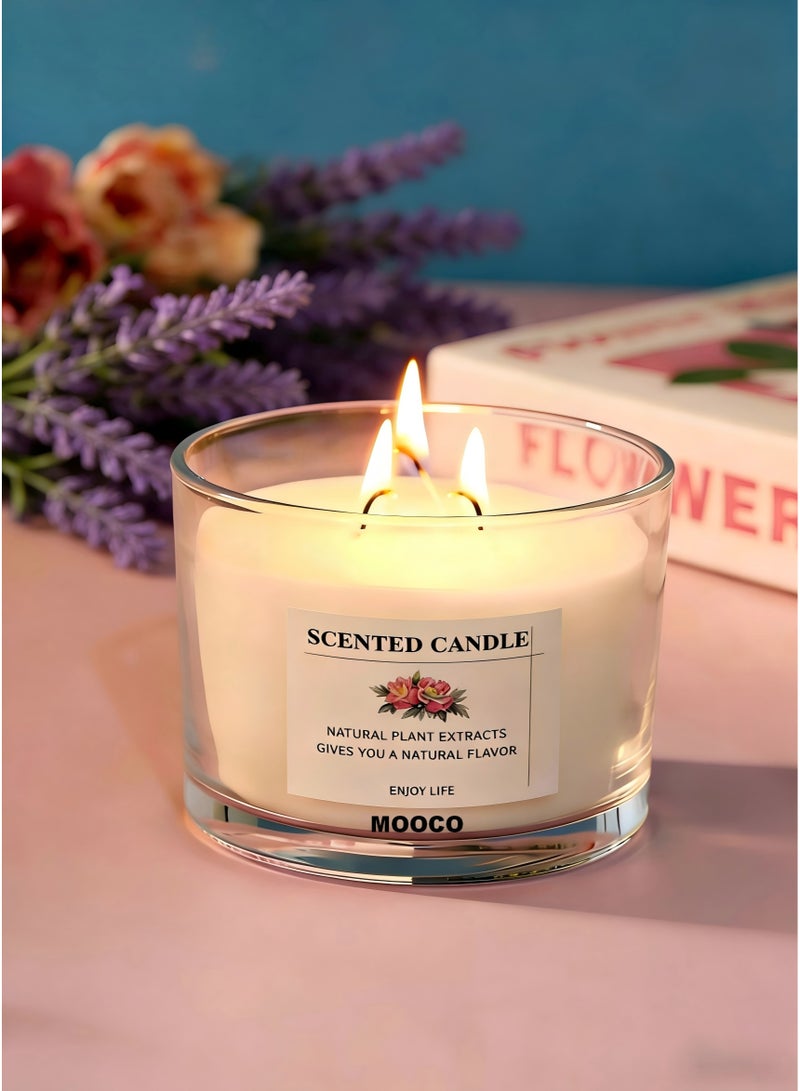 MOOCO Lavender 3 Wick-Large Capacity Fragrance Candle,Soybean Wax,| 50 hrs burn-time |,Glass Cup Home Decorations, Bedroom Fragrance Ornaments, Holiday Gifts,Creative Gift,Relaxing and Calming Fragrance,Gift Box for Birthday, Wedding, Valentine's Day, Anniversary, Party, Souvenir, Yoga,SPA,Bathroom,Gift for Stress Relief,Meditation, Aroma Candle for Women/Lady, Natural for Home,Office&Hotel,White - Image 1