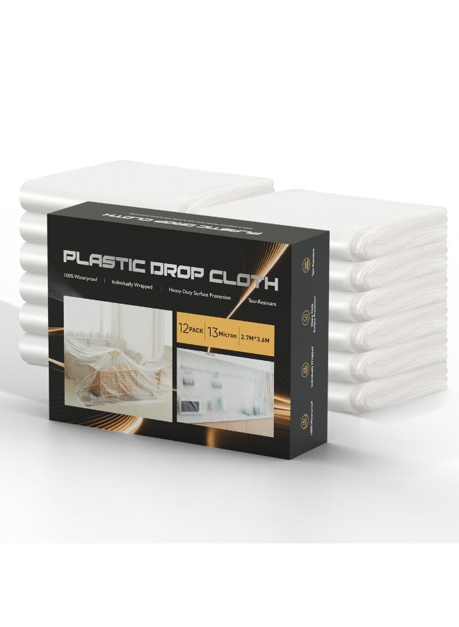 12 Pack 366 x 274 CM Extra Large Painters Plastic Drop Cloth Painting Sheet, Waterproof Dust-Proof Protective Masking Film, Paint Drop Cloth, Clear Plastic Sheet, Plastic Sheet Dust Cover for Furniture - Image 1